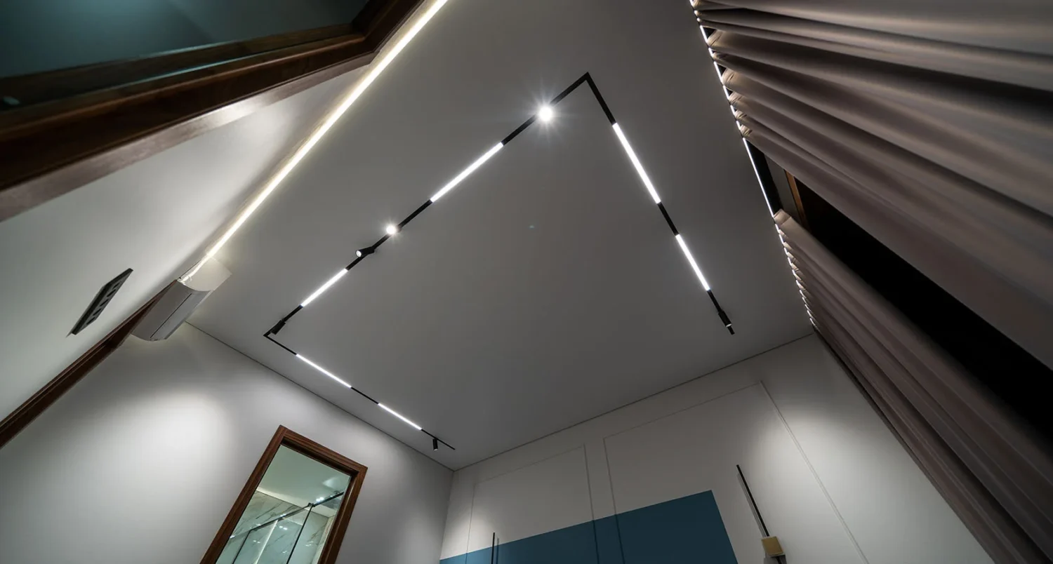 Dormitor cu tavan extensibil, șină magnetică cu spoturi și module LED, bandă LED perimetrală și draperie plisată