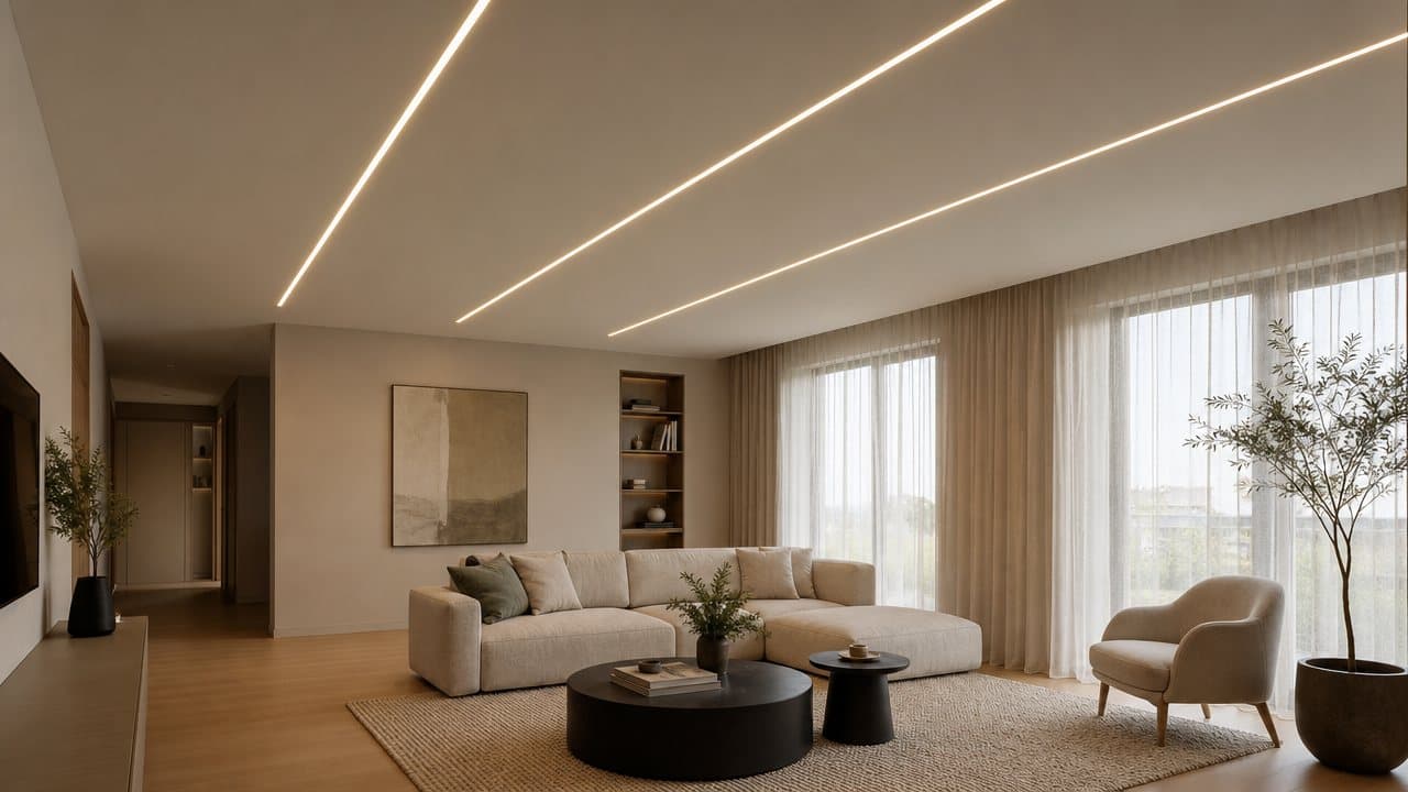 Imagine ilustrativă: living cu tavan extensibil alb mat și trei linii de lumină în nișă, paralele, fără difuzor
