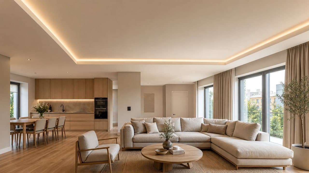 Imagine ilustrativă: living open-space cu bucătărie și tavan extensibil pe două niveluri, cu lumină LED caldă pe treapta dintre niveluri